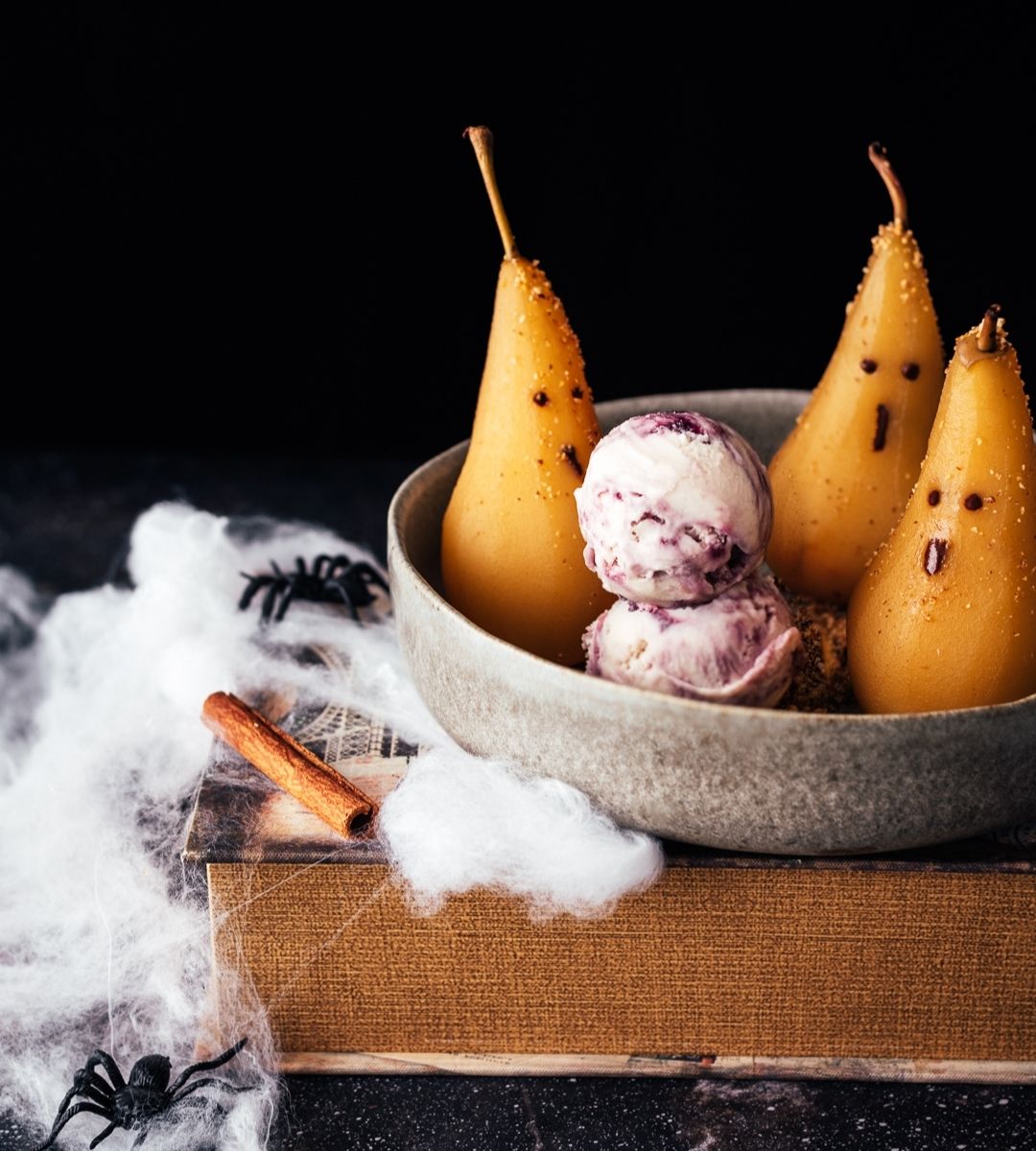 Peras Bêbedas com Praliné de Frutos Secos